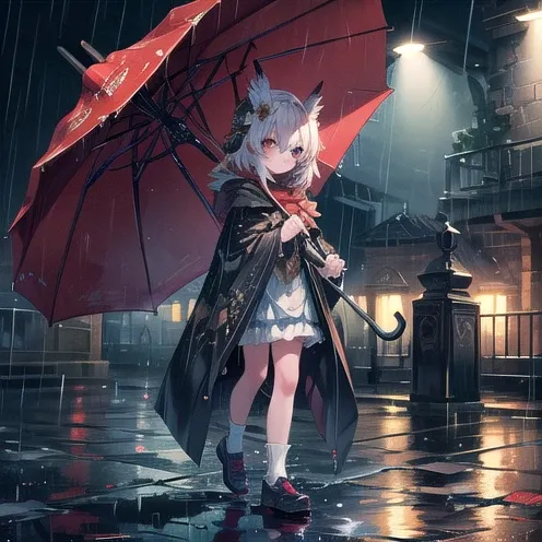 masterpiece、 best quality， high definition ，8ｋ， detailed，The character wearing a cloak、Walking with an umbrella、cute， owl under guard，Walking in the Rain，Spotlight on the girl