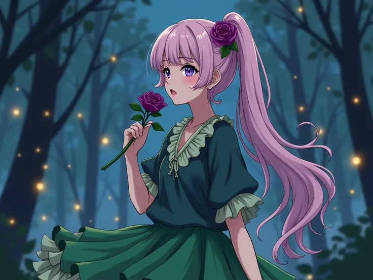 anime, little woman,  long light pink hair with a ponytail , Petticoat based on large green leaves,  loose-fitting blouse in dark green with light green,  purple rose in her hair , She holds a purple rose . forest background, Evening, fireflies.