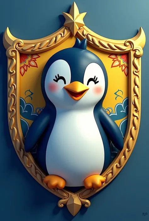  Penguin logo on a more friendly blue and yellow shield , much more details about the shield  , with more details of a golden spear on the edge of the shield