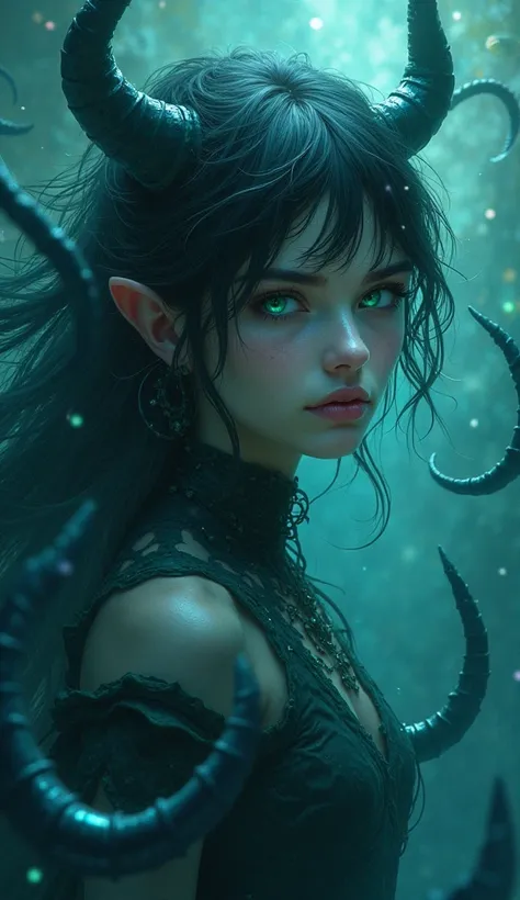 "Create a mystical character, demonic girl, with a fluid and dark cover ,  surrounded by aquatic creatures or translucent tentacles.  It has a deep and enigmatic appearance ,  with eyes that shine in blue and green .  The background is a cosmic ocean , wit...