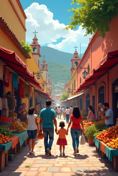 A family that is walking around Antigua Guatemala and buying things 