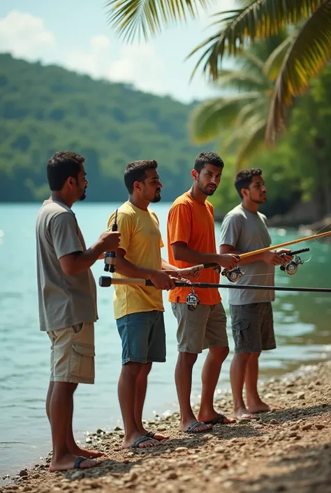 Close-up real photo of a day of fishing of four young Venezuelan Venezuelan men wearing shorts of different neutral colors and t-shirts of different colors fishing on the shore of a bay in a tropical river