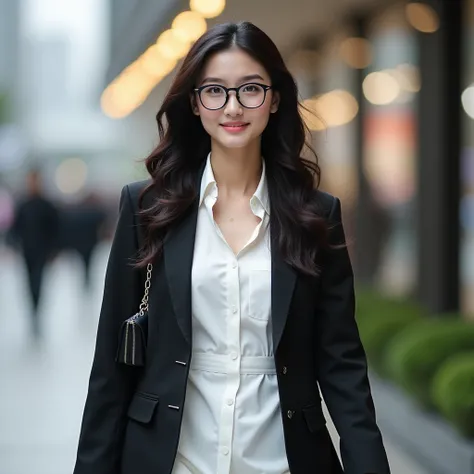 half body photo Beautiful Korean woman with long hair unraveled young maroon color wearing white shirt dress black suit wearing glasses wearing small luxury bag high heels walking in urban center pose professional model bokeh background 