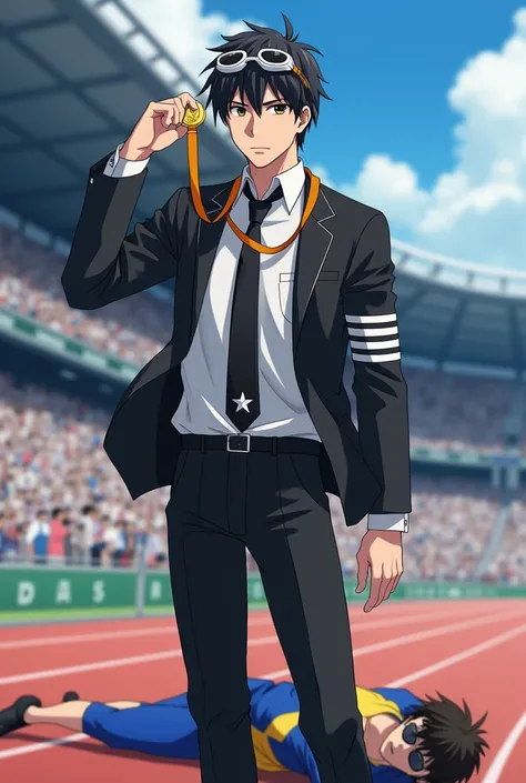 Shinichi Sakurai wearing a white shirt and black jacket with two white stripes on each sleeve of his hands and white swimming goggles with black visors hanging around his neck and a black tie with a white star in the middle with a gold medal with number on...