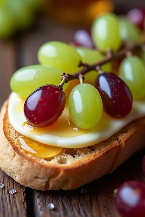  Robust bread base with a creamy layer of soft cheese ,  topped with fresh grapes and a touch of honey that complements with sweetness.						
						
						