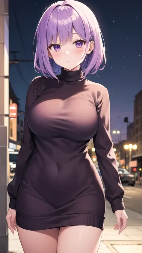 masterpiece, best quality, highres, girl, solo, looking at viewer, amane_fujimiya, Purple hair, short hair , Purple Eyes,The Angel Next Door Spoils Me Rotten, large breasts, sweater dress, long sleeves, turtleneck, outdoors, street, standing, cowboy shot, ...