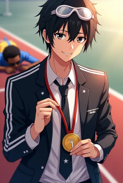 Shinichi Sakurai smiling in a white shirt and black jacket with two white stripes on each sleeve of his hands and white swimming goggles with black visors hanging around his neck and a black tie with a white star in the middle with a gold medal with number...