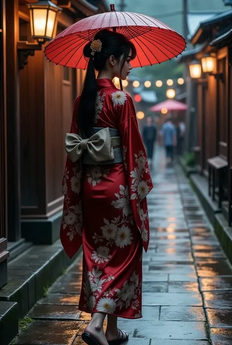  woman walking with a Chinese umbrella in the rain、Serpentine pattern 、Quiet attitude 、Dark Tones、 quiet and lonely atmosphere 、Walking around the city、Ancient Capital、( best quality、4K、8k、 high definition 、masterpiece:1.2)、 super detailed、( real、 photorea...