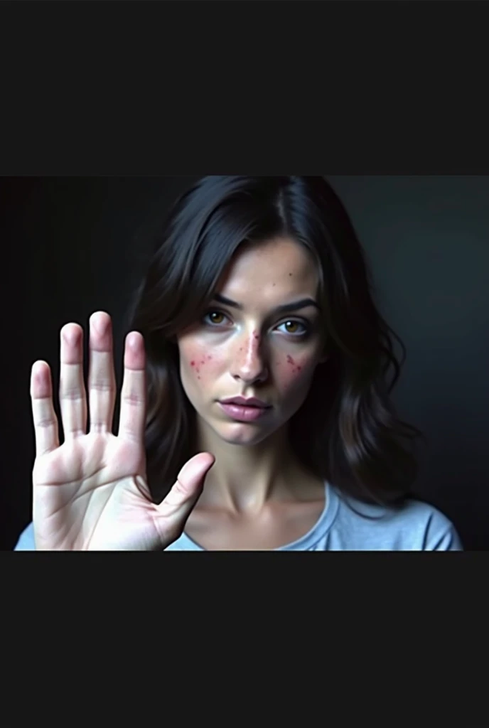 Attractive Italian girl with long black hair, bulging breasts and characteristic chest curvature, No to violence against women, her face is bruised and scarred from many blows