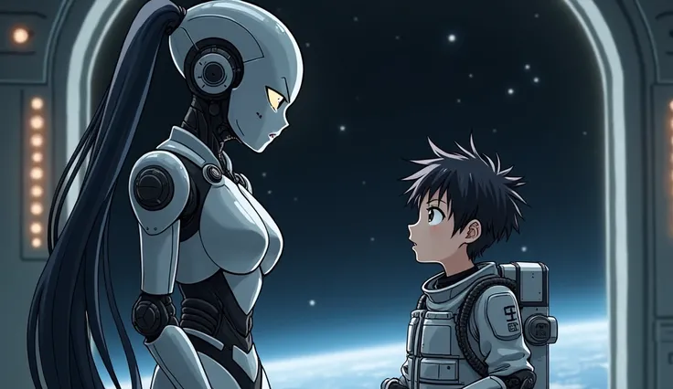 4K quality, 2020s Japanese anime film style. A scene where a girl-type combat android, having just exited her storage pod, confronts a boy engaged in space exploration. The android, with a cold and emotionless expression, looks down at the boy, scanning hi...