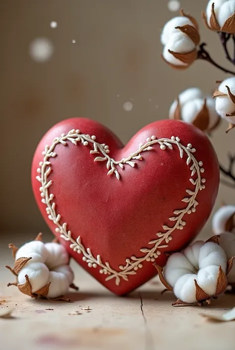 I want you to create a wedding souvenir in the shape of a heart in cherry color, wine shell and with cotton thread 