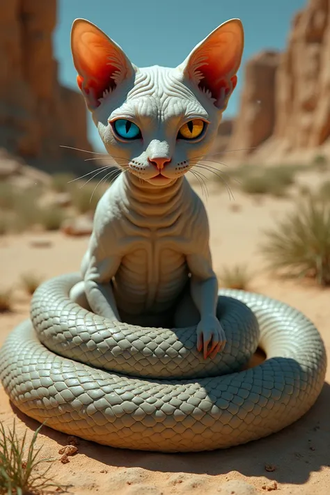 Create an image of a surreal hybrid creature that combines a snake and a cat. The creature should have the body of a snake, complete with scales and a coiled posture, set in a desert or rocky environment. Instead of a snakes head, it should have the head o...