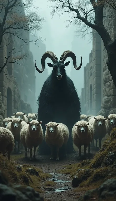 Make a picture over an ancient setting with sheep and an evil and dark goat.