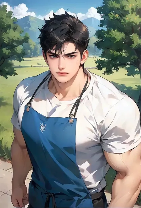 (high quality,high resolution,high detail,masterpiece:1.2), Delicate eyes and delicate face, 1 boy, 18 years old, handsome face, pure and cute face, Detailed face, (white T-shirt, Blue apron), cute, Male focus, muscular, muscular male, Chest muscles, black...