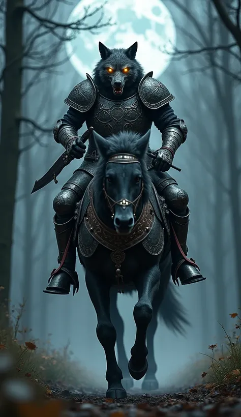 Horseman Wolf 
" A wolf with a humanoid body ,  wearing detailed medieval armor with an open helmet ,  revealing its bright and ferocious eyes .  He is riding a black horse equally adorned with armor,  galloping through a dark forest in moonlight ."




