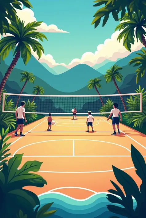  Create a background design for a tropical themed floor volleyball tournament in the city of Santa Marta Magdalena,  without letters floor volleyball , indoor volleyball ,  no beach volleyball ,  with faceless players playing in a volleyball coliseum 