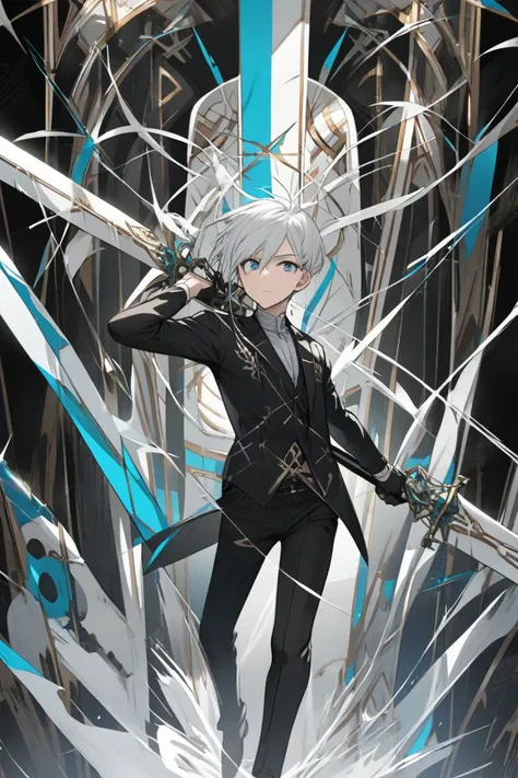 Son of Nico,  with white hair , Sunglasses, Black suit,of Swords 