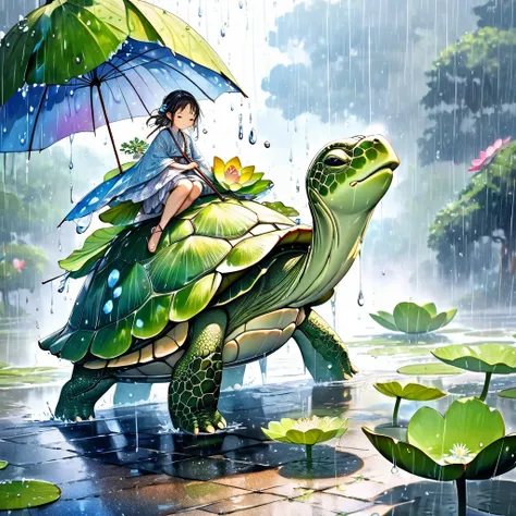 conceptual installation illustration fantasy art, turtle walking in the rain, fairy riding on its back with large lotus leaf as umbrella, cloudy sky, rain, raindrops, watercolor painting (pouring, dripping, puddling techniques), blurred painting, water-bas...