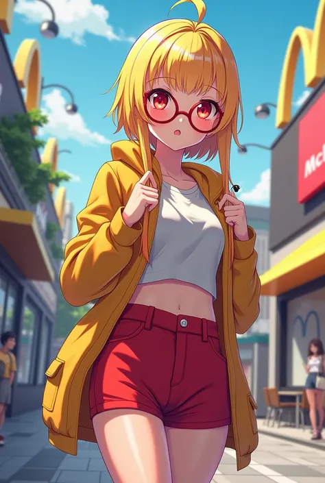 Blond haired anime character Macdonalls short shorts red eyes with lenses