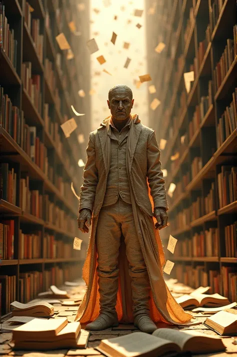 "Create a human figure made entirely of torn and layered pages from books, with words and illustrations faintly visible on the surface. The figure stands in the middle of an endless library, with towering shelves spiraling upward and vanishing into the dar...