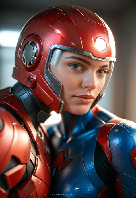 Sexy, Female Iron Man, Avengers,helmet, a character Marvel Comic book character, morphing into another person, detailed, Photorealistic, high resolution, 8k, photorealistic, hyper detailed, intricate details, dramatic lighting, cinematic composition, fight...