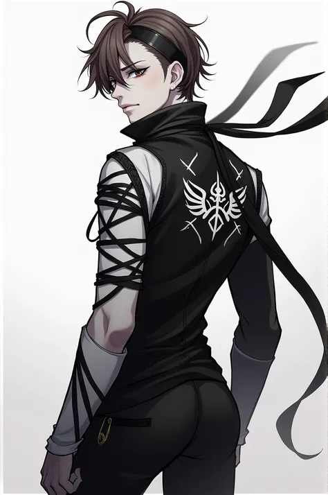 The character in the photos has the following appearance:

Outfit: A sleek black outfit with a futuristic design, including a detailed jacket featuring wing-like symbols on the back and a cross-shaped motif. The arms have a combination of black and white w...