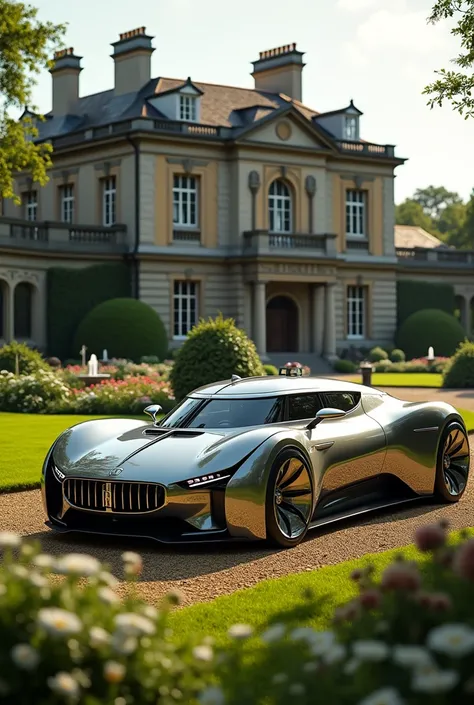 an ultra realistic image of a carriage with a modern and futuristic design based on a modern Rolls Royce in a garden of an 18th century mansion