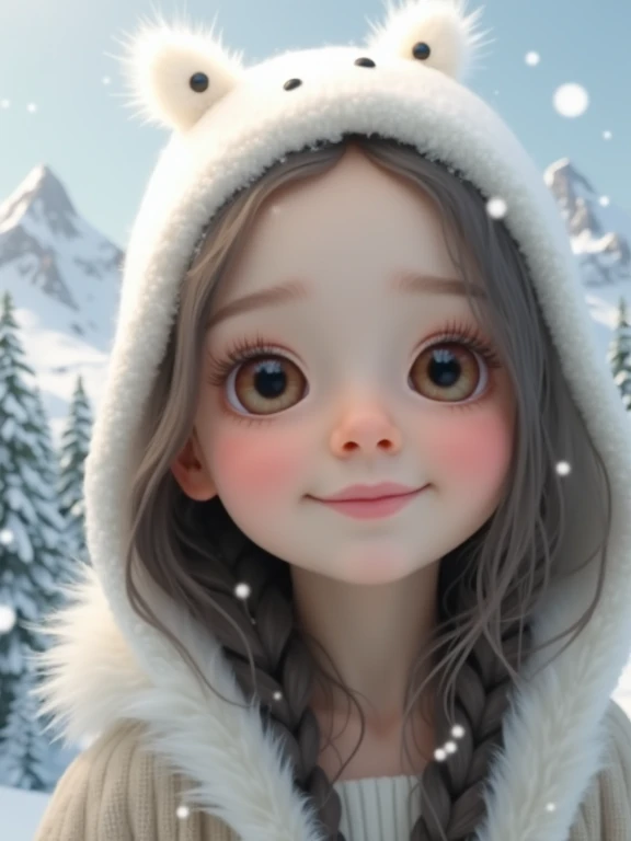  cute girl、 big eyes、Snowy mountain background、Slopes、