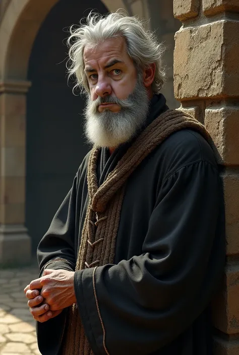 Realistic face, realistic body, masterpiece, this man going through daily life as a medieval priest, disheveled hair, gray hair