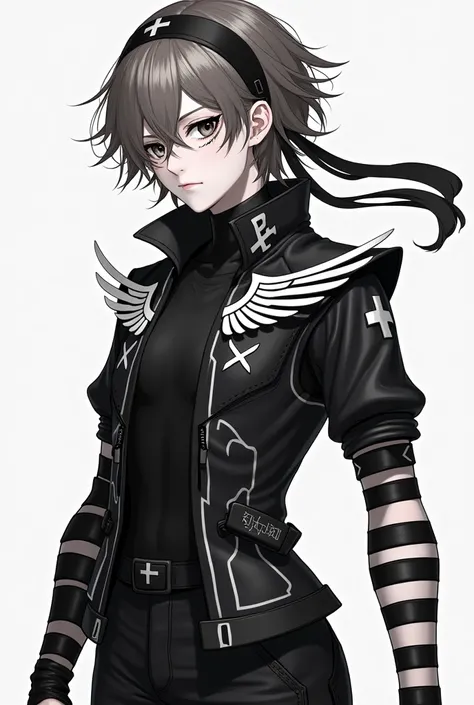 The character in the photos has the following appearance:

Outfit: A sleek black outfit with a futuristic design, including a detailed jacket featuring wing-like symbols on the back and a cross-shaped motif. The arms have a combination of black and white w...