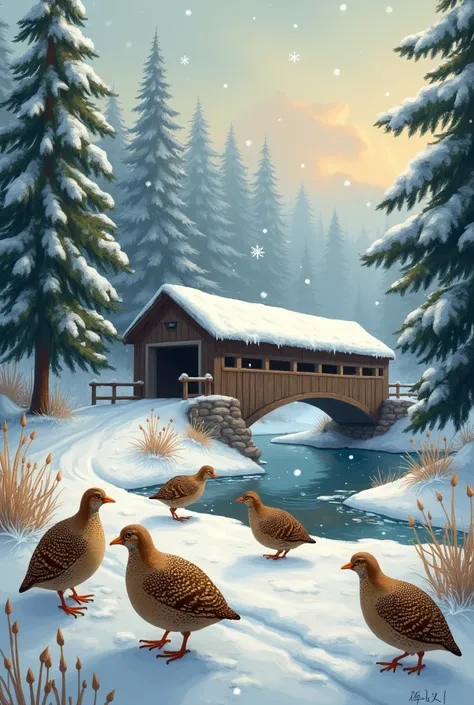 Multiple quail at Christmas time on a country road with covered bridge
 in the background with pine trees and snow