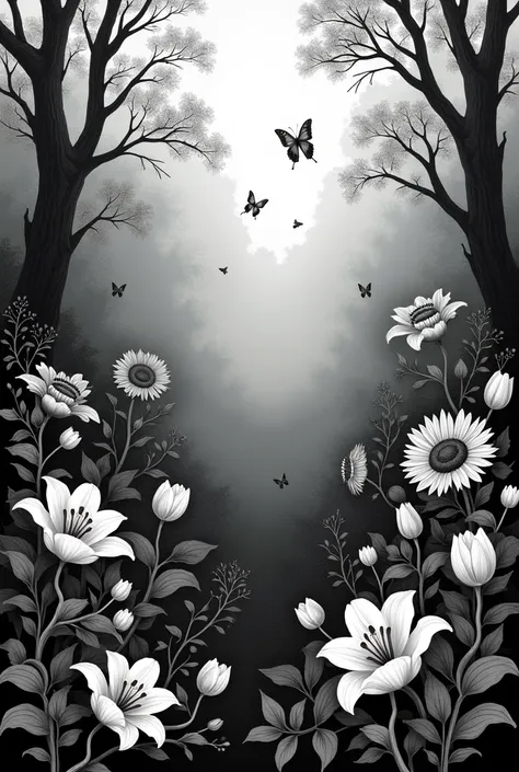 HORIZONTAL mural with black and white Gothic design with flowers, lilies, tulips, sunflowers, leaves, butterflies, trees, A landscape