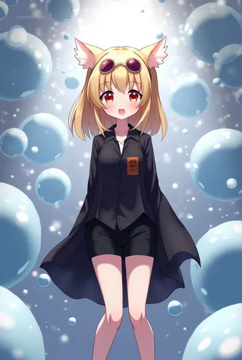  Anime drawing with blond hair red eyes with round lenses with large bubbles, Skinny with a long Black shirt and a short Black short 