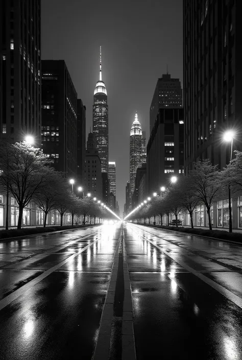 An urban city at night, with illuminated skyscrapers casting intense lights that contrast with the dark sky. The wet streets reflect the city lights, creating a dynamic and striking mirroring effect. The scene should be captured in black and white, with a ...