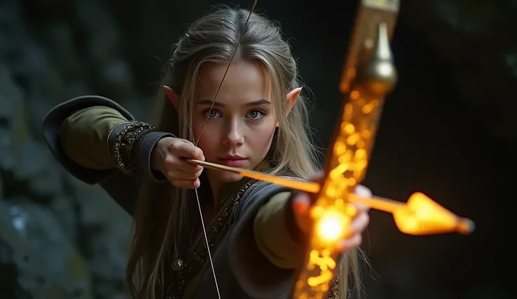 Epic fantasy movie frame,  portrait in the foreground,  photograph, archery,  a beautiful elf pointing with a bow and arrow ,  the bow weapon shines with golden magic and glowing runes ,  dark cave background , cinematic realism,  high-action pose ,  perfe...