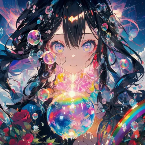  girl、Wear soap bubbles、Black Hair、 Rose Tail、 long hair、rainbow