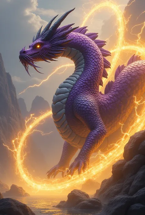 Full body huge Japanese dragon with purple turtle mouth that controls yellow electricity with black horns