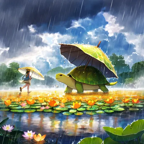 conceptual installation illustration fantasy art, turtle walking in the rain, fairy riding on its back with large lotus leaf as umbrella, smile, cloudy sky, rain, raindrops, watercolor painting (pouring, dripping, puddling techniques), blurred painting, wa...