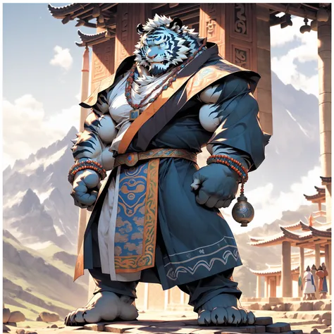 Standing on a plateau ， Muscular and burly tigers wearing Buddhist beads and Tibetan robes furry blue eyes, Beautiful Hero Stance ,A perfect masterpiece, various facial details ,temple,beard,(Face line),Middle-aged people stand muscular and confident 