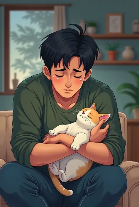 Create an image of an adult man saying goodbye to his cat who died in an anime version
