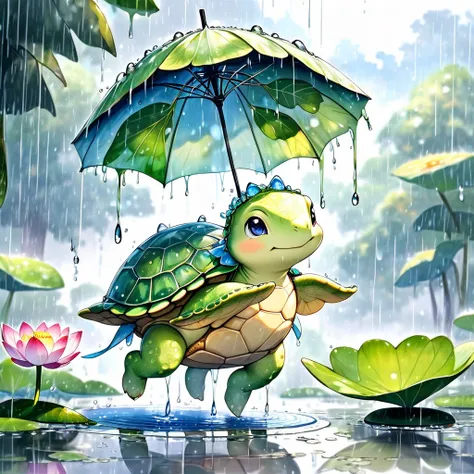 conceptual installation cute illustration fantasy art, turtle walking in the rain, fairy riding on its back with large lotus leaf as umbrella, smile, cloudy sky, rain, raindrops, watercolor painting (pouring, dripping, puddling techniques), blurred paintin...