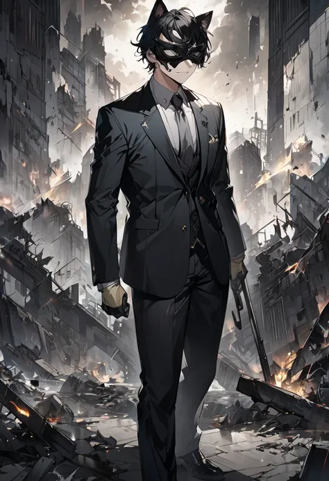 cat ears,(eye blind mask:1.2),black hair,mens suits,solo,standing,BREAK apocalypse world,detailed background,