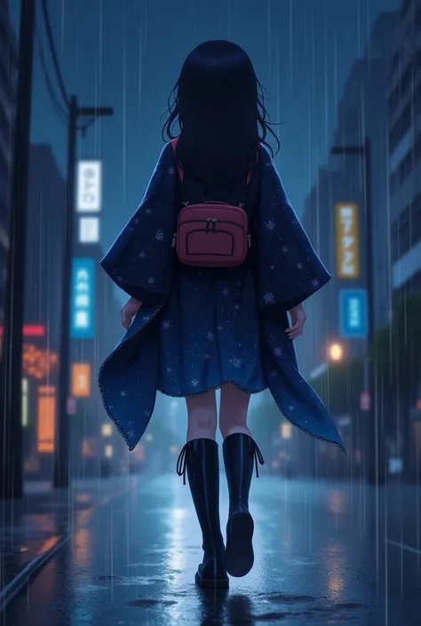  Top Quality ，masterpiece， Official Art ， super beautiful ，1 girl， walking in the rain ，Night Street，whole body，whole body向前站， cute， Gray Straight Length ，Galaxy，universe，Star，High boots ， wearing a modified black and blue Japanese yukata， flower frills ，让...