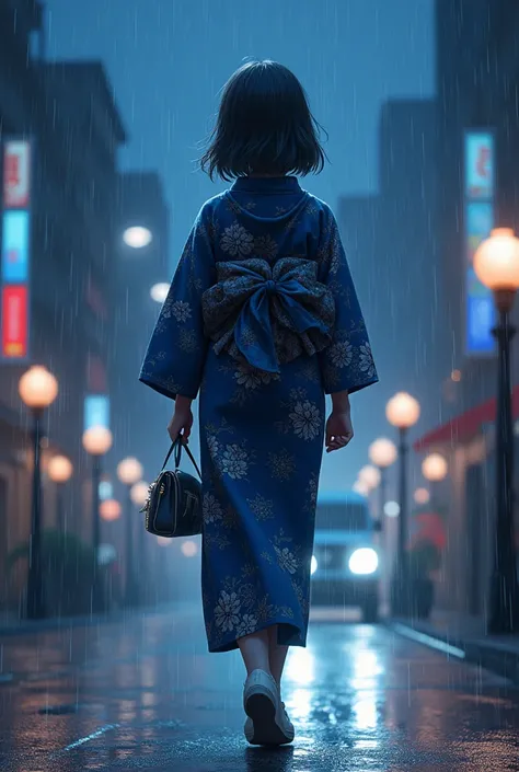  Top Quality ，masterpiece， Official Art ， super beautiful ，1 girl， walking in the rain ，Night Street，whole body，whole body向前站， cute， Gray Straight Length ，Galaxy，universe，Star，High boots ， wearing a modified black and blue Japanese yukata， flower frills ，让...