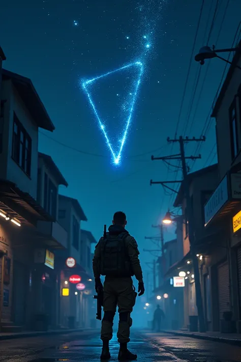 Counter Strike SAS Agent Walking in the middle of a street with shops at midnight just stargazing up at the stars with a V-shaped Constellation 