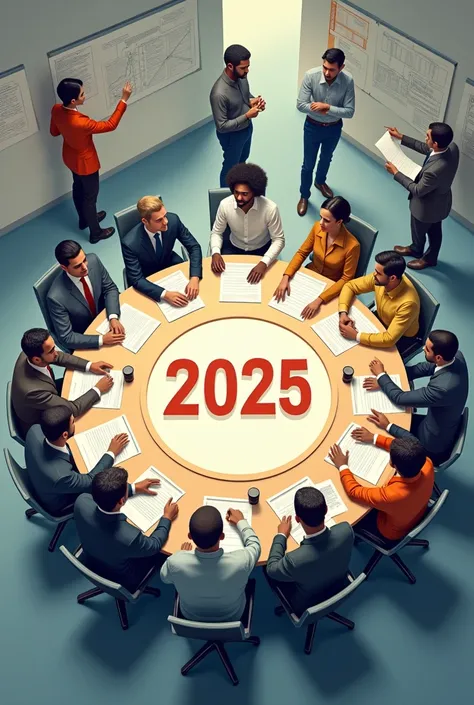 People, several men and women of different clothing styles sitting at a round table, see a central point with the number 2025, aerial view with a perspective that escaped to the center is an invitation to an event Prospective, other people plan on the wall...