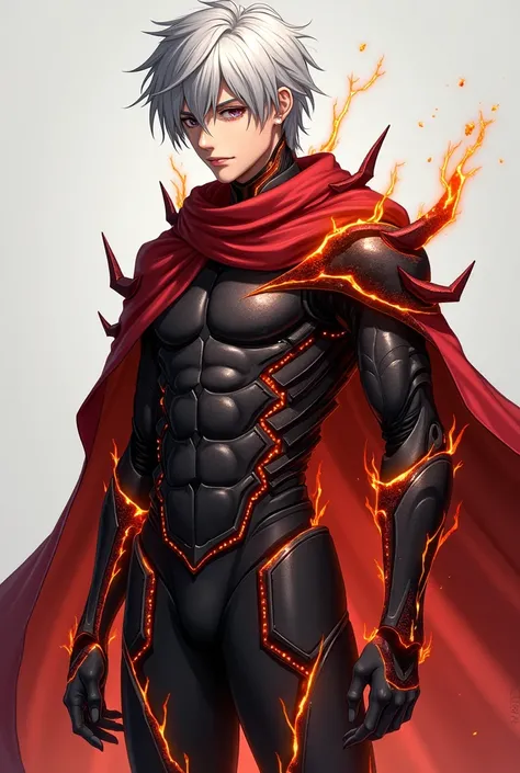 Create a design of an alternate Shirou Emiya character from Fate/Stay Night series. That trace with his body instead of projecting weapons external his body projects molten metal blades and burnt black bladed armor smelted to geather using superheated meta...