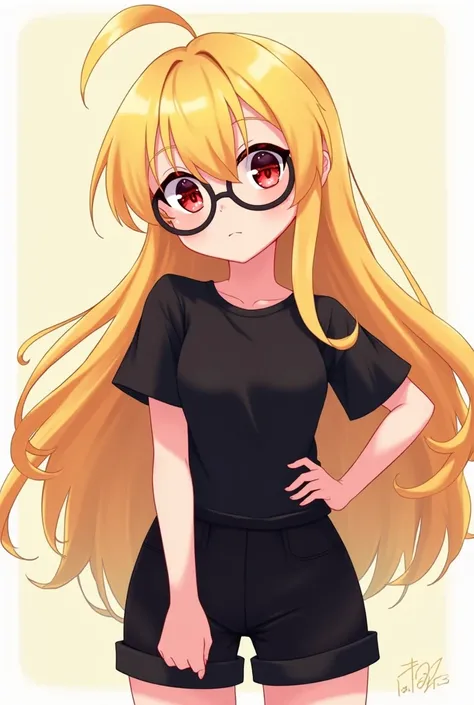 Long blond haired girl with glasses that look a little roblox anime short shirt Black and with red eyes with black shorts