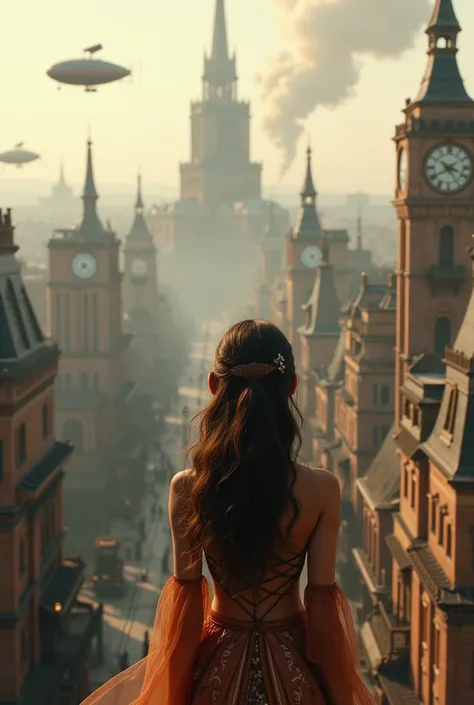 Back view of a beautiful girl looking at a steampunk-style city of the First Industrial Revolution