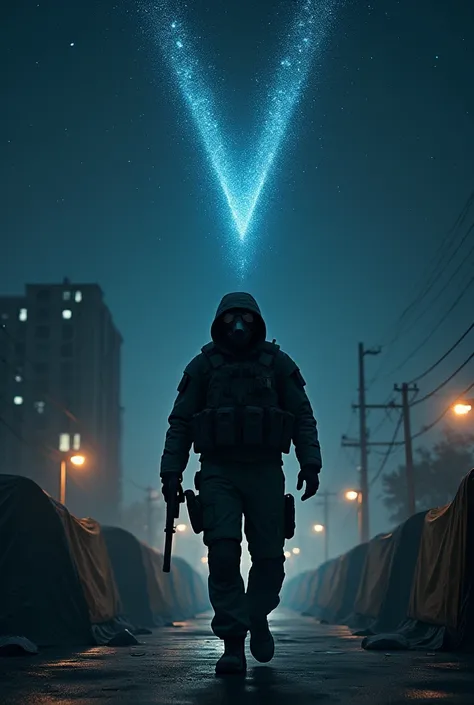 Counter Strike SAS Soldier with Gas Mask Walking in the middle of a street with tents at midnight just stargazing up at the stars with a V-shaped Constellation 